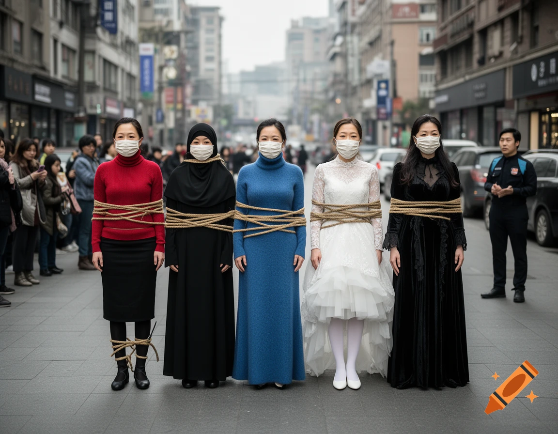 Photorealistic image of five Asian women wearing masks and bound with rope, standing in a city street while onlookers watch.