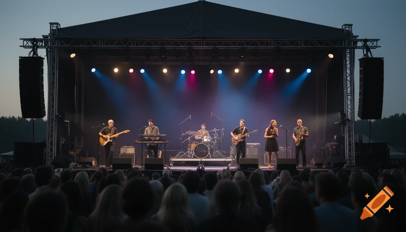 A photograph of a live band performing on a medium-sized stage outdoors at dusk with stage lights illuminating them and an audience in the foreground.