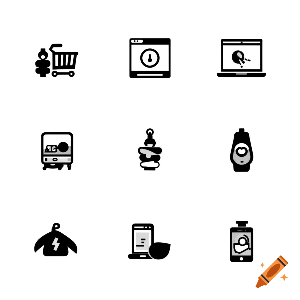 A grid of nine black and white pictograms and icons featuring shopping, computing, and electronic devices.
