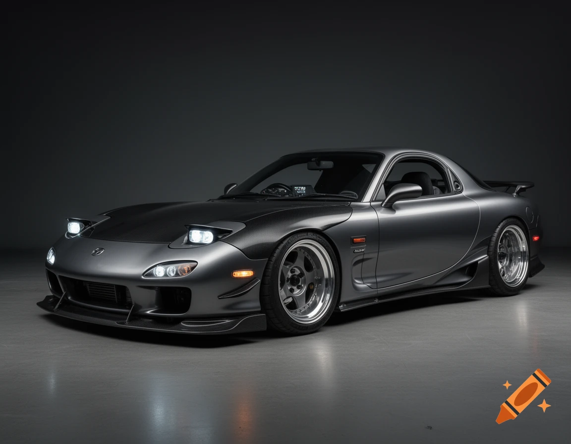 Photorealistic studio shot of a modified grey Mazda RX-7 FD3S with carbon fiber hood and custom wheels.