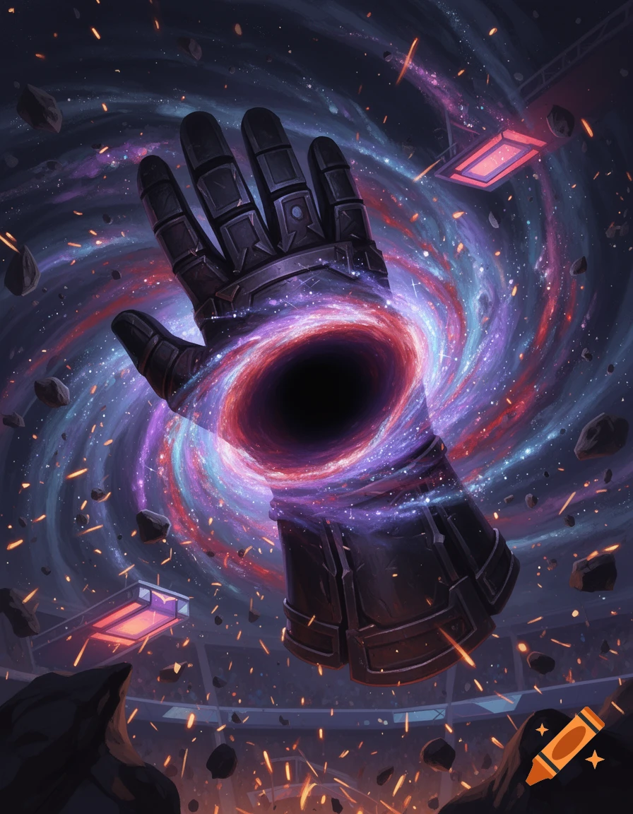 Digital art of a massive metallic glove with a swirling cosmic black hole in the palm, surrounded by debris and space.
