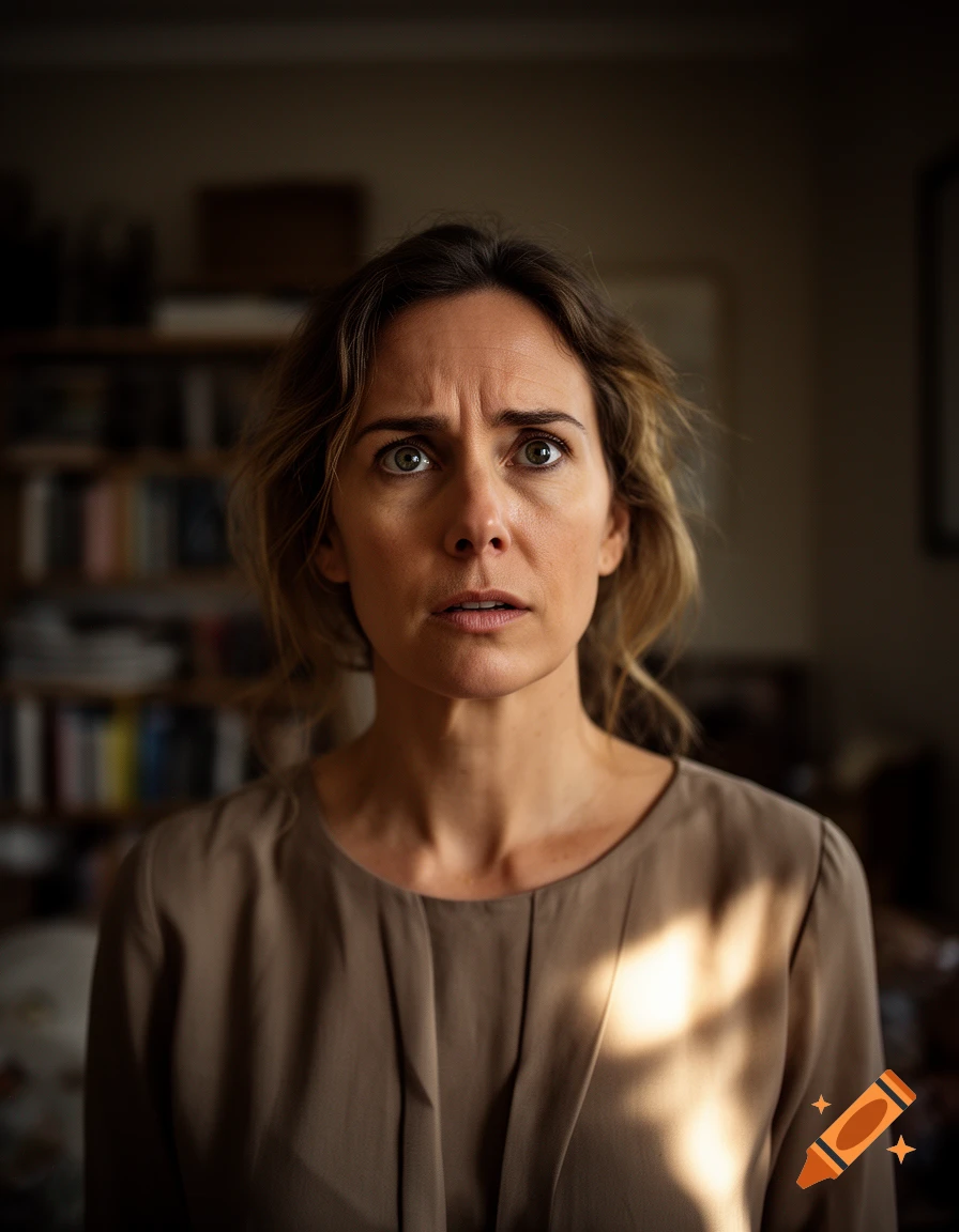 Close-up photorealistic portrait of an enthralled woman with brown hair looking upward in a dimly lit room.
