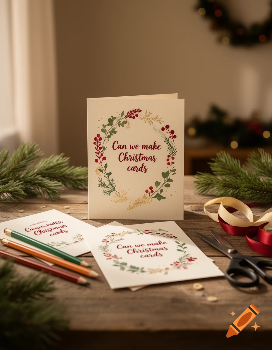 A handmade Christmas card with a botanical wreath and text saying 'Can we make Christmas cards' on a wooden table with colored pencils and pine branches.