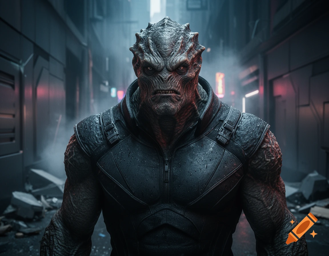 Photorealistic close-up of Boris the Animal from Men in Black standing in a gritty cyberpunk alleyway.