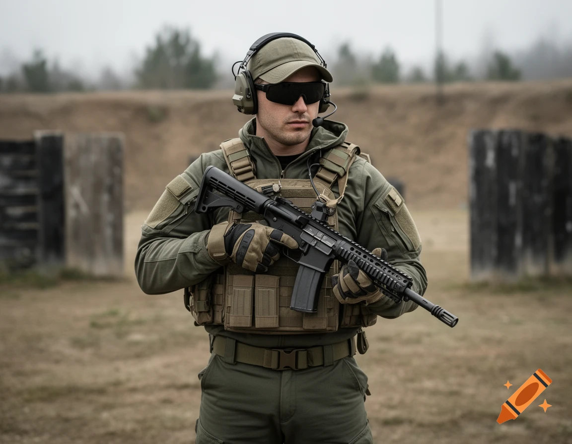 Photorealistic image of a PMC wearing a plate carrier, baseball cap, Comtac headset, and black shooting glasses, holding an AR-15.