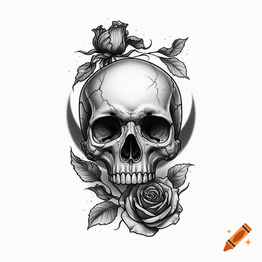 Black and white tattoo style illustration of a human skull surrounded by roses and a crescent moon backdrop.