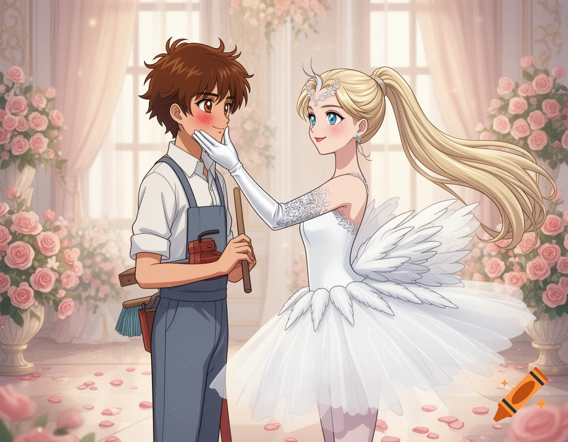 Anime style illustration of a blushing teenage boy in janitor clothes being touched on the chin by an elegant blonde ballerina in a white swan dress surrounded by roses.