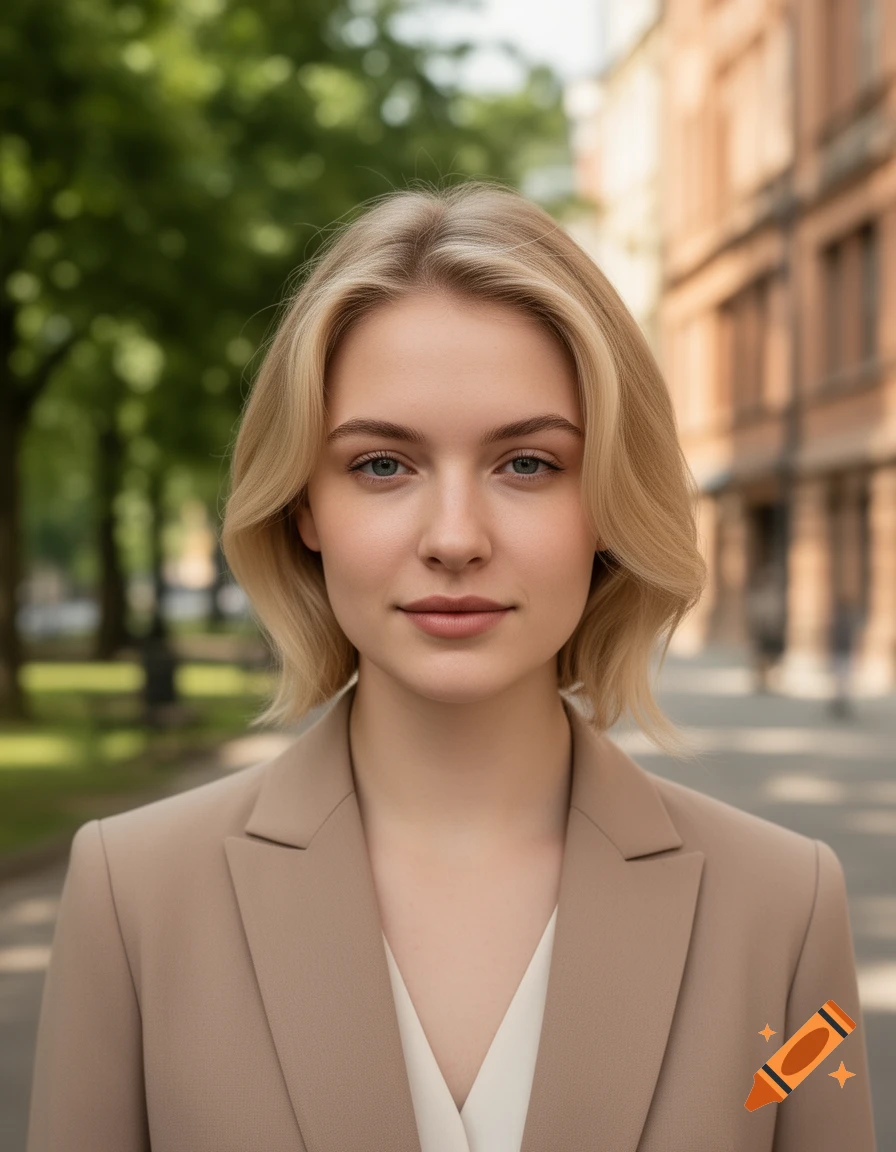 Photorealistic portrait of a young blonde woman in a beige blazer outdoors with a blurred urban background.