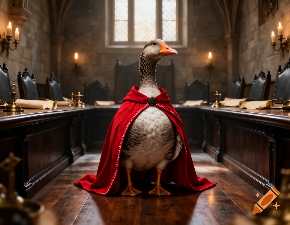 A photorealistic goose wearing a red cloak standing on a wooden floor inside a grand medieval council hall.