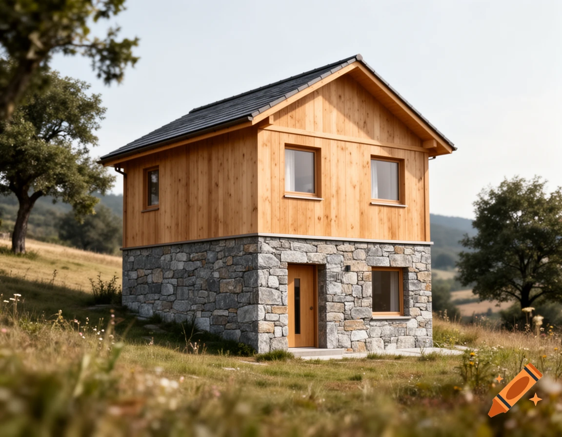 Photorealistic two-story house with a stone ground floor and wooden upper level, situated in a grassy field with trees.