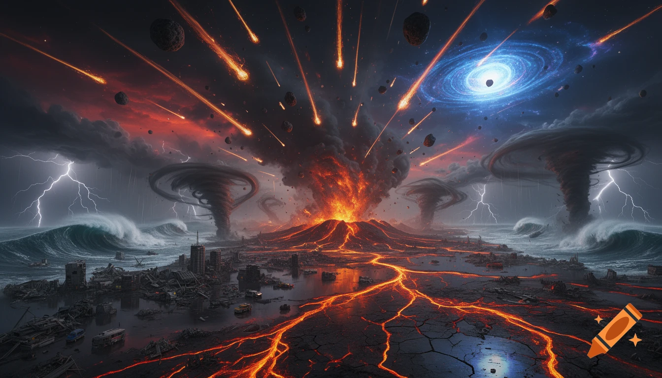 An apocalyptic landscape featuring erupting volcanoes, glowing lava rivers, tsunamis, tornadoes, and a meteor shower under a dark, stormy sky.