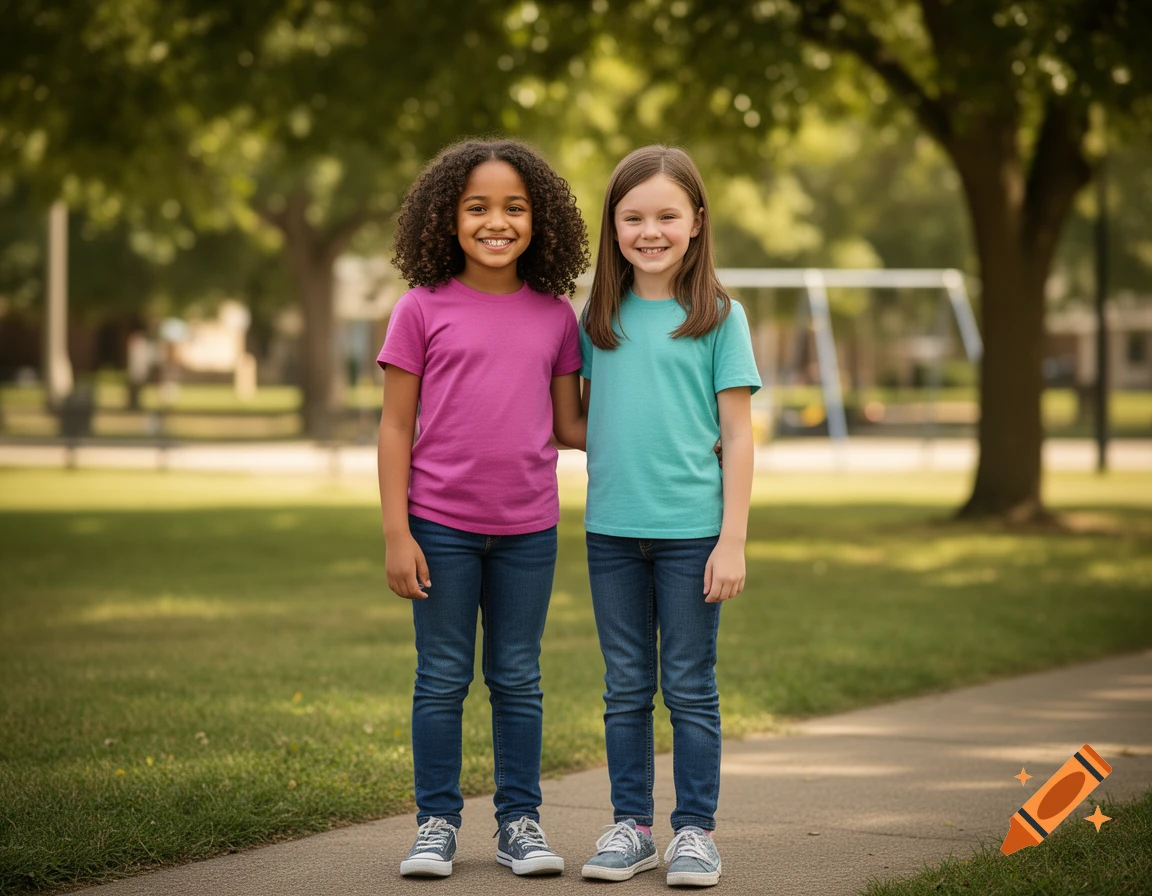 Two young girls standing outdoors on a pathway in a park, smiling and holding hands, photorealistic style.
