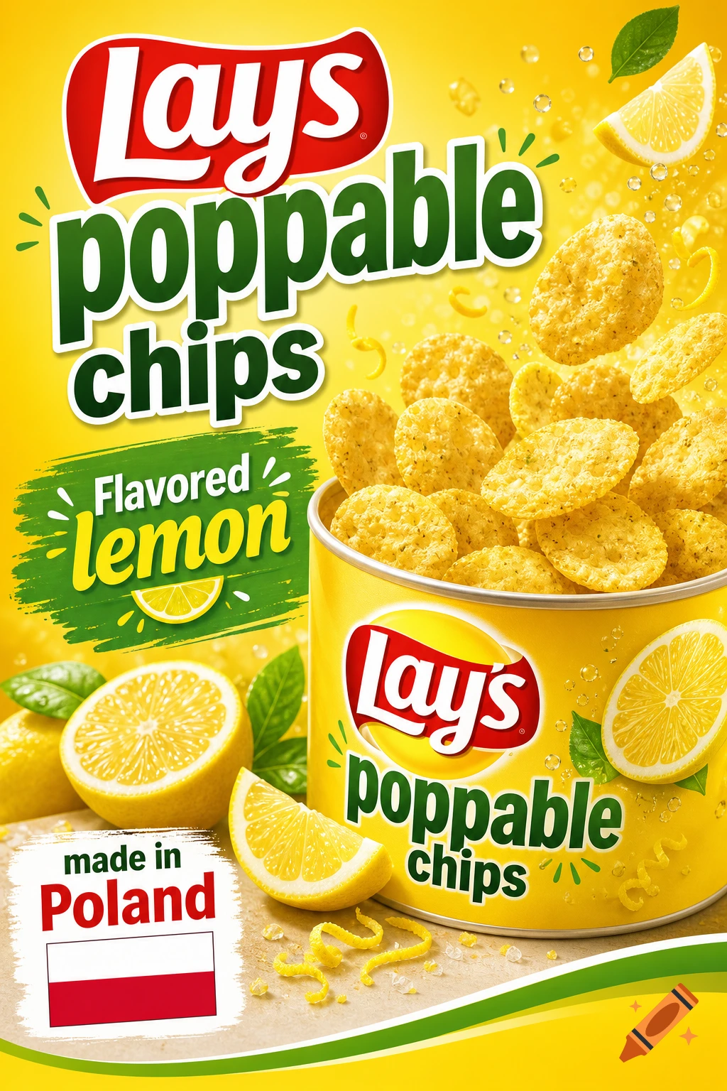 Commercial product design for Lay's poppable lemon-flavored chips with a Polish flag and sliced lemons.