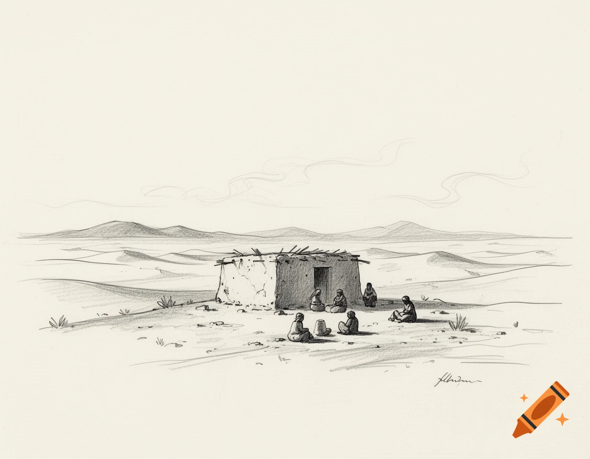 Minimal pencil sketch of a desert landscape with people gathered around a mudbrick hut.