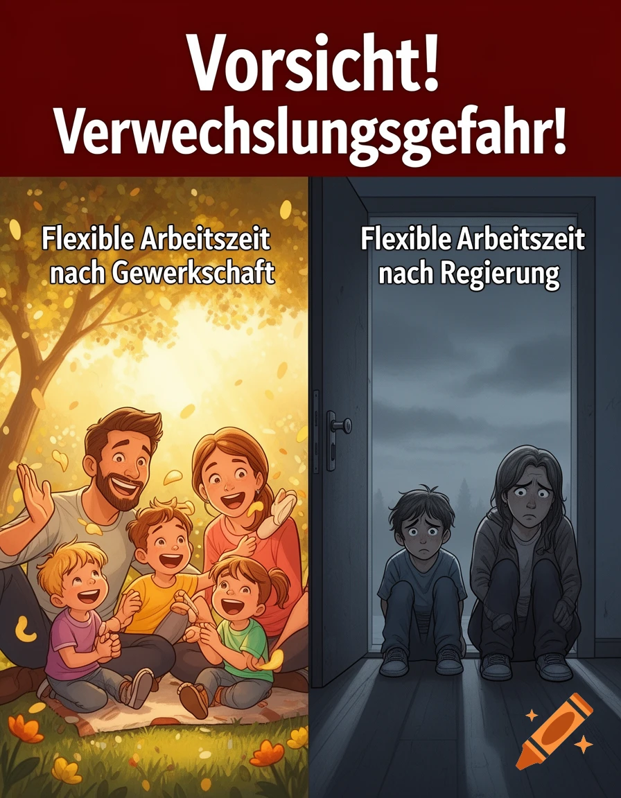 Comparison poster showing a happy family under union-managed flexible work hours versus sad children waiting alone under government-managed hours.
