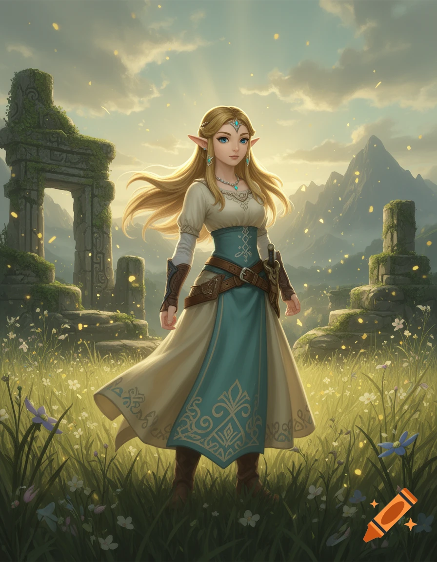 Digital illustration of Princess Zelda in a white and blue dress standing in a grassy field with ancient ruins and mountains in the background.
