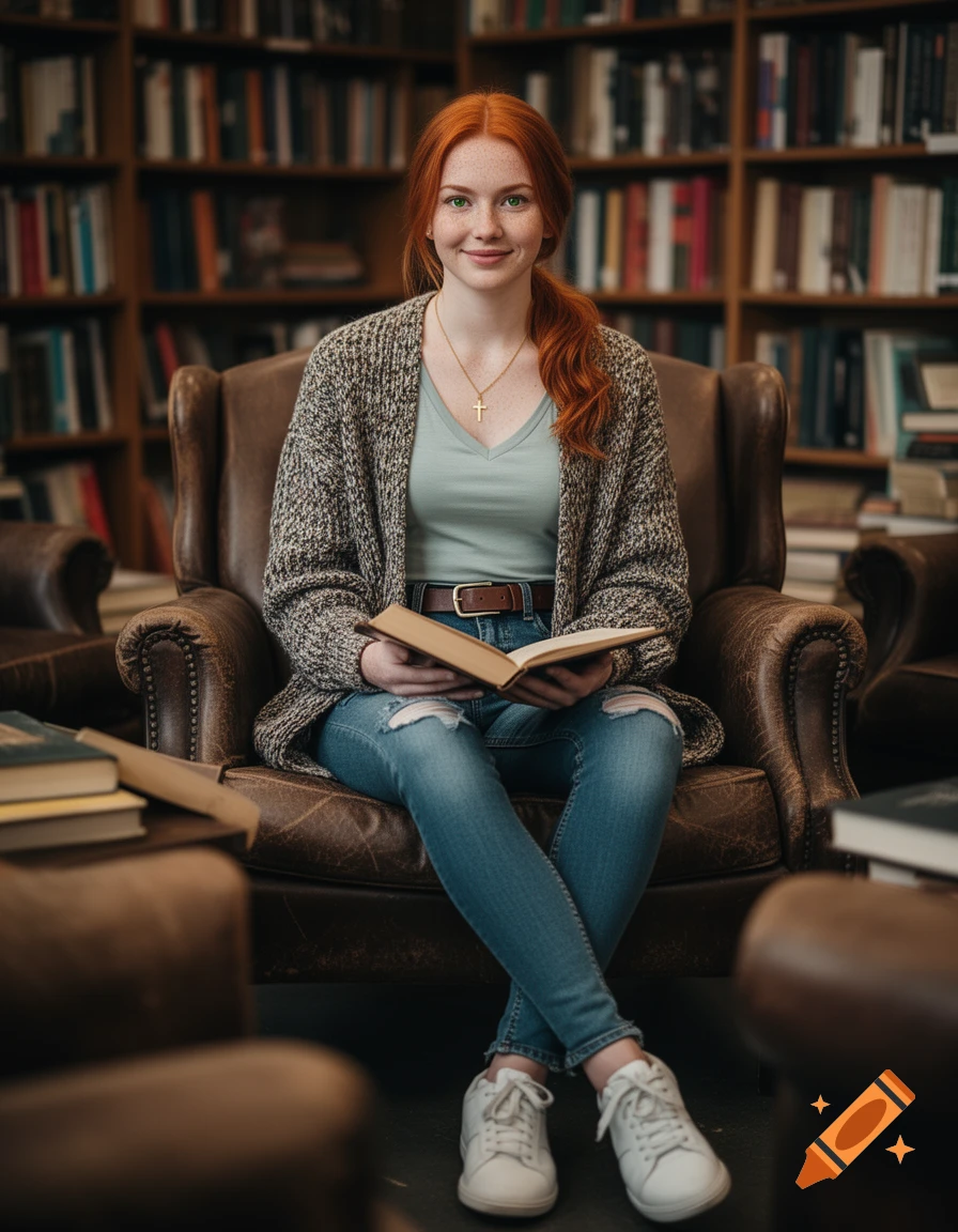 Photorealistic portrait of a young redhead woman sitting in a leather chair in a library, holding an open book.