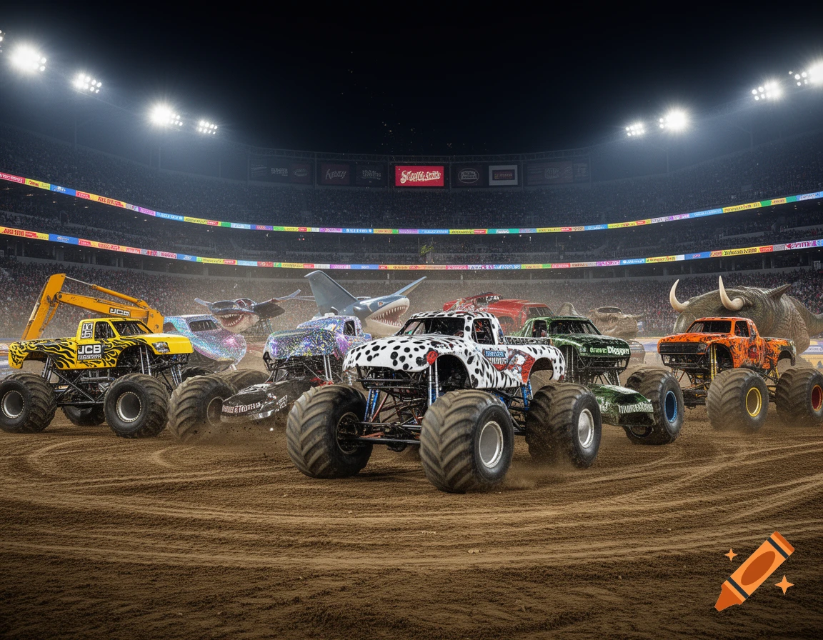 Photorealistic image of various monster trucks lined up in a packed arena during a night event.