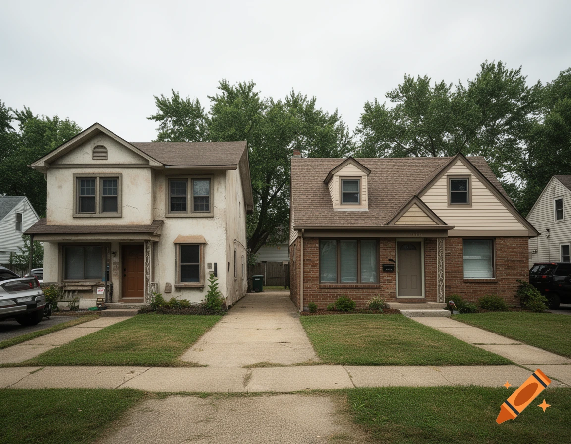 Photorealistic image of two suburban houses standing side-by-side with a driveway between them under a cloudy sky.
