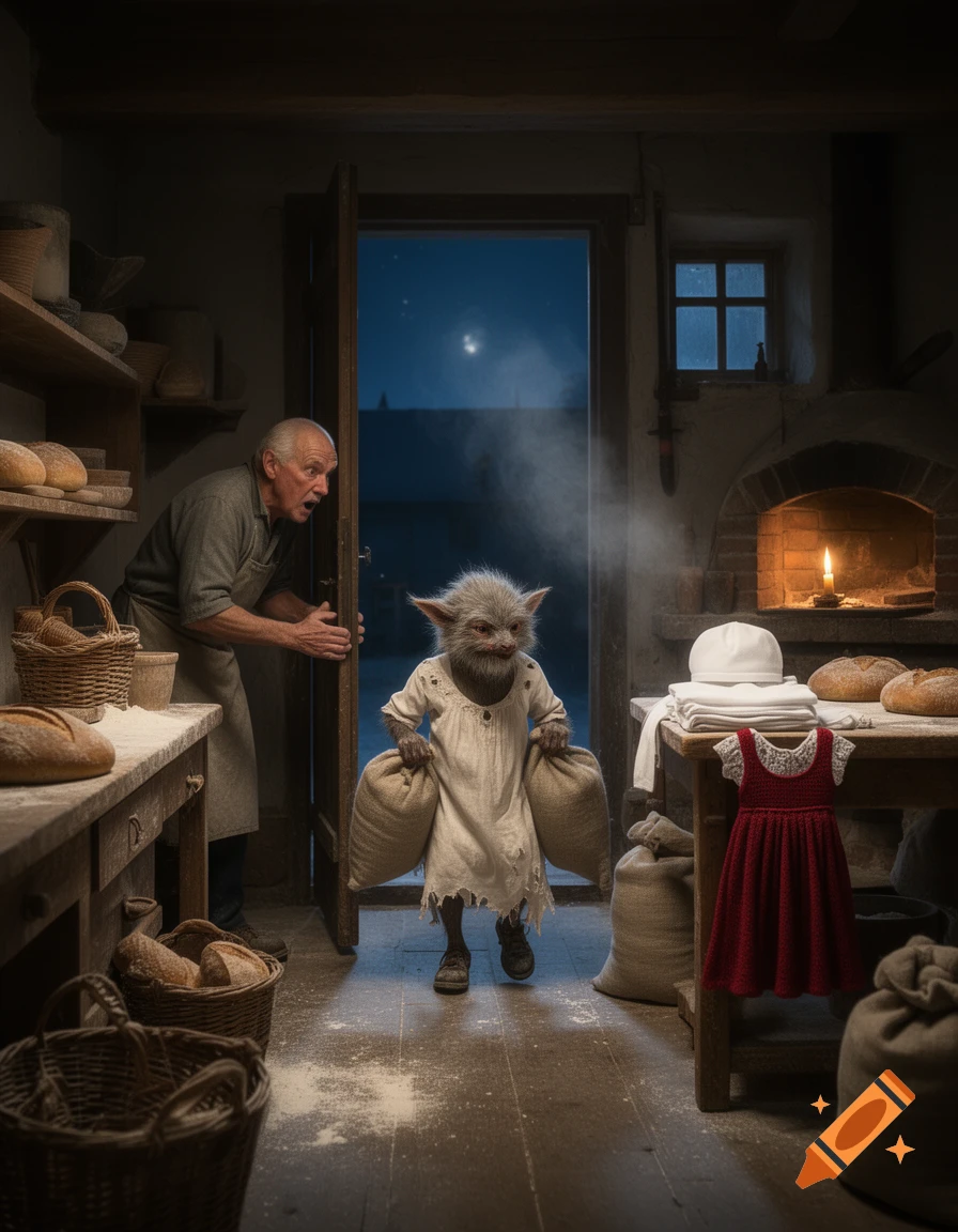 An elderly baker in a rustic kitchen looks in surprise as a small furry creature in a white dress carries sacks of flour.
