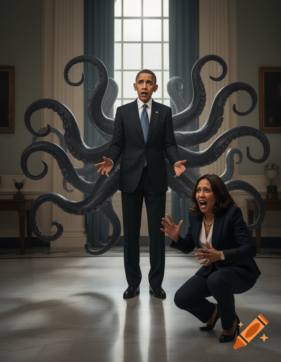 Photorealistic image of Barack Obama standing with large tentacles emerging from his back while Kamala Harris cowers in terror.