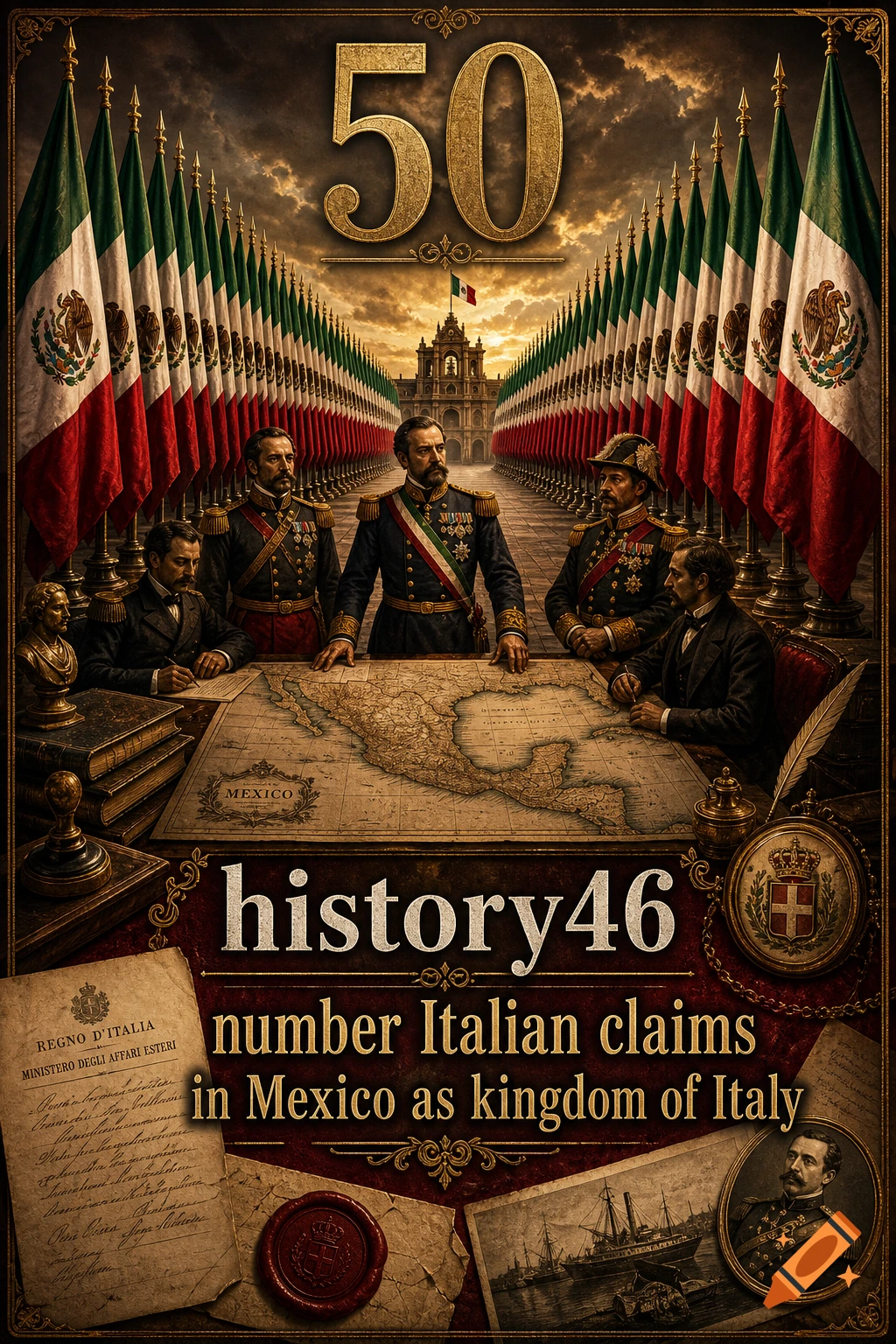 Historical style illustration featuring Mexican flags, leaders around a map, and Italian text elements.