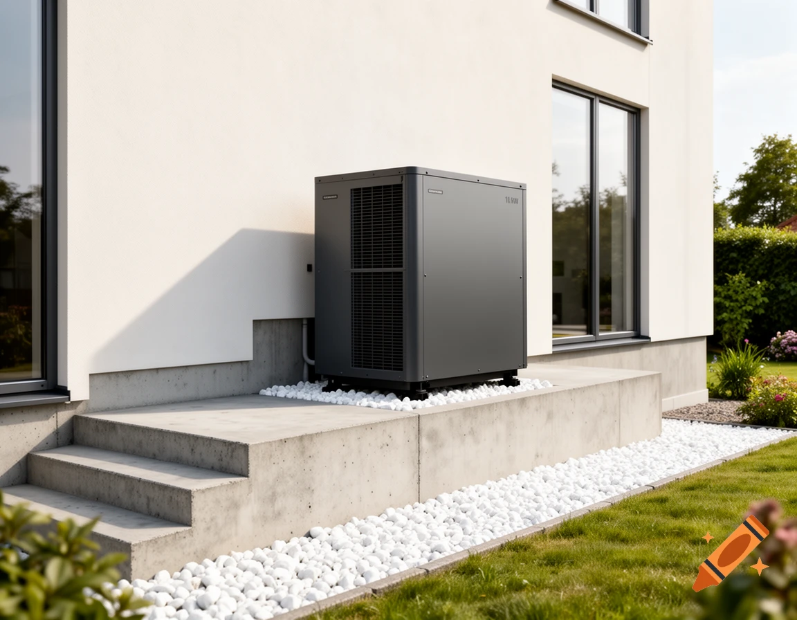 Photorealistic image of a modern Danish house with a grey air-to-water heat pump installed on a gravel platform by the entrance stairs.