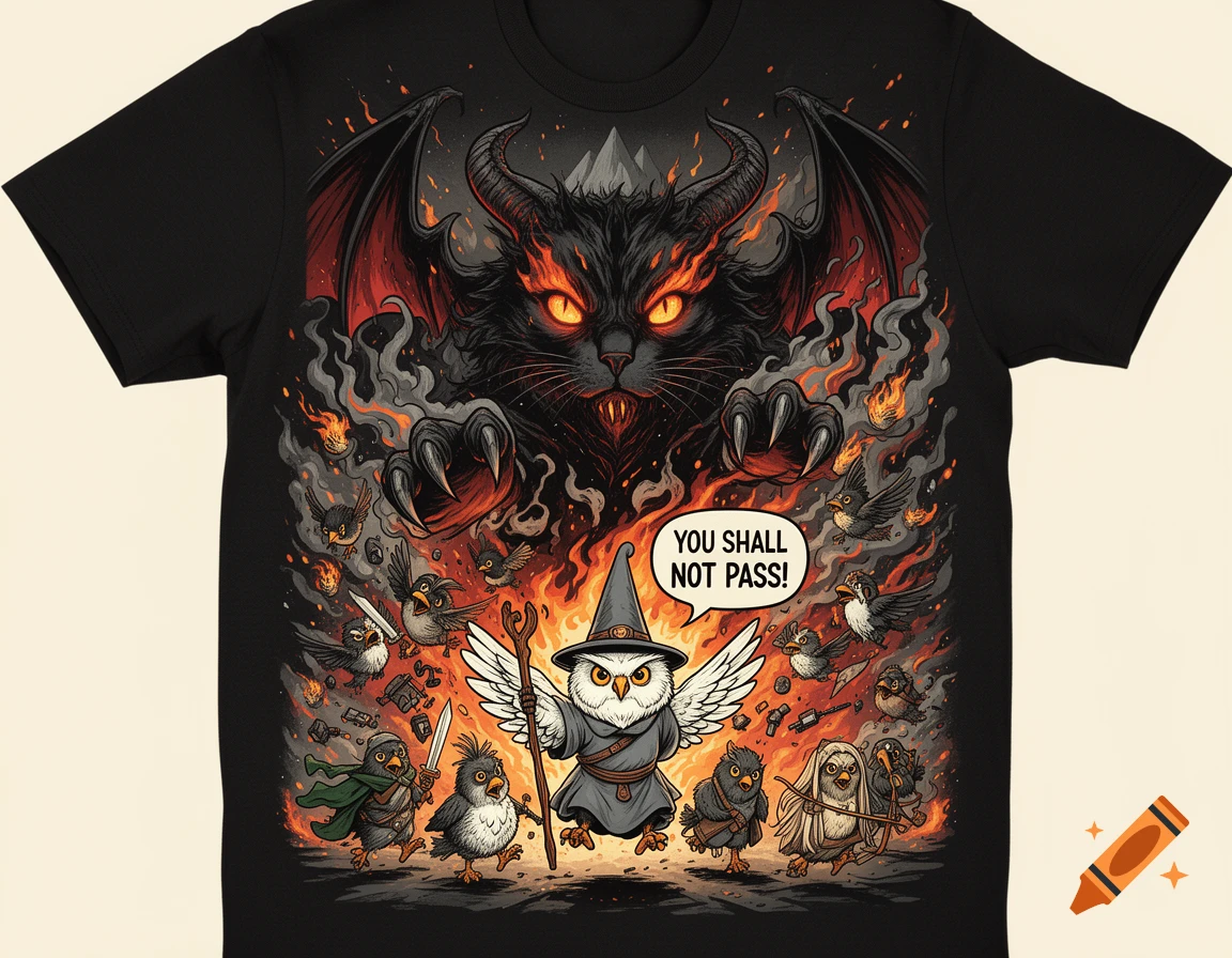T-shirt illustration of a giant demonic cat chasing a panicked group of fantasy birds led by an owl wizard.
