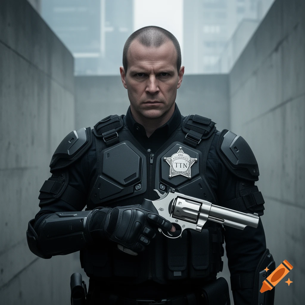 Photorealistic medium shot of a serious man in advanced black tactical police armor holding a large silver magnum handgun, standing in a concrete corridor.