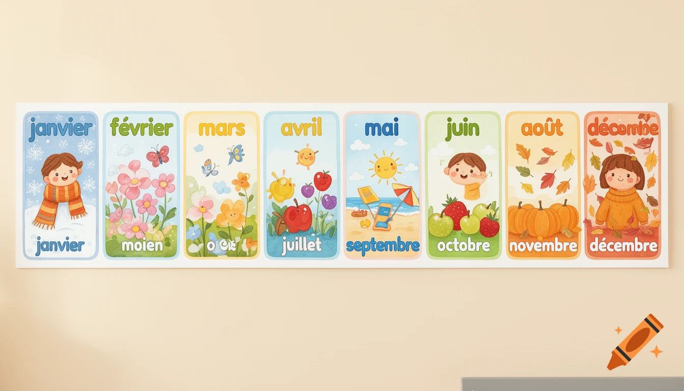 An illustrated monthly calendar frieze for a kindergarten classroom with French month names and seasonal themes.
