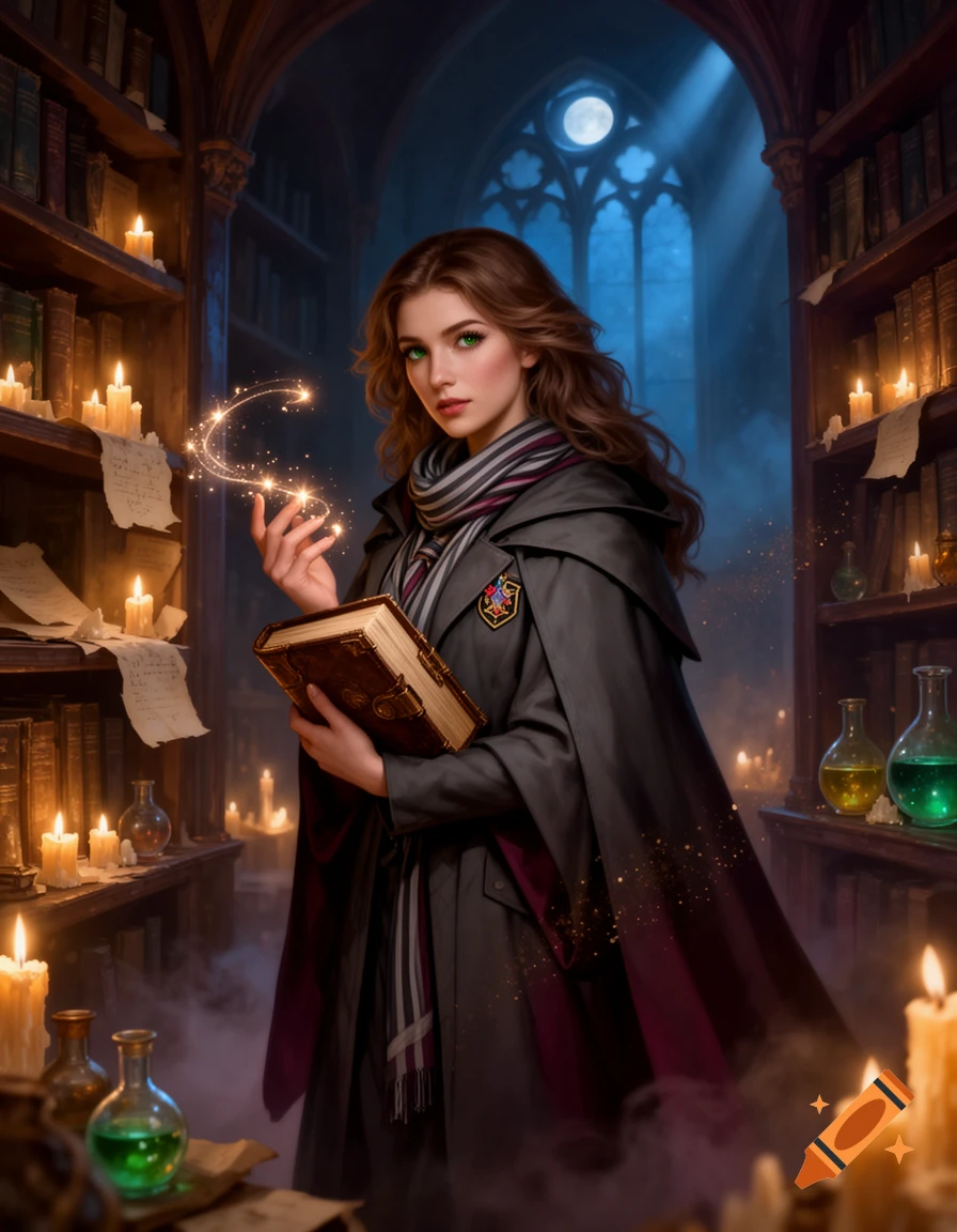 Digital portrait of a witch with green eyes and brown hair holding a magical book in a library at night.
