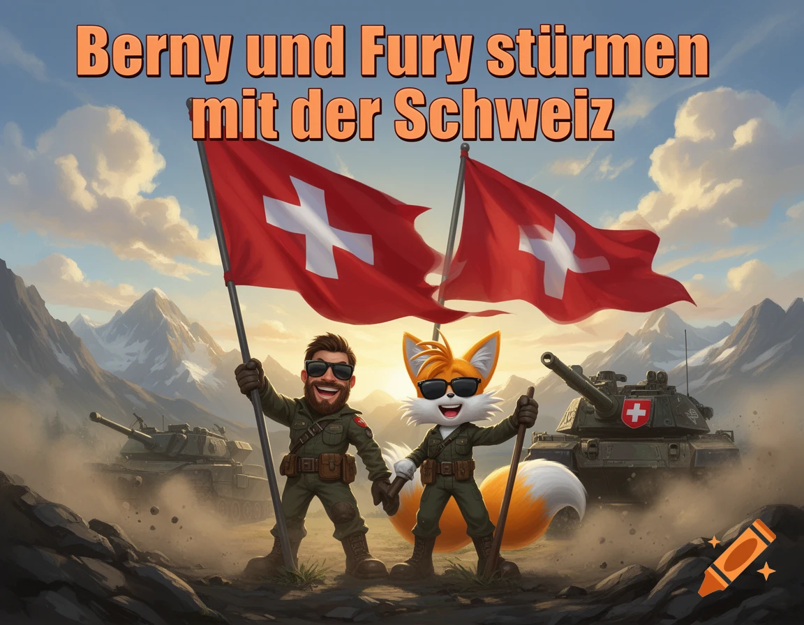 An AI-generated cartoon image of a man and Tails holding Swiss flags in front of mountains and tanks, with German text above.