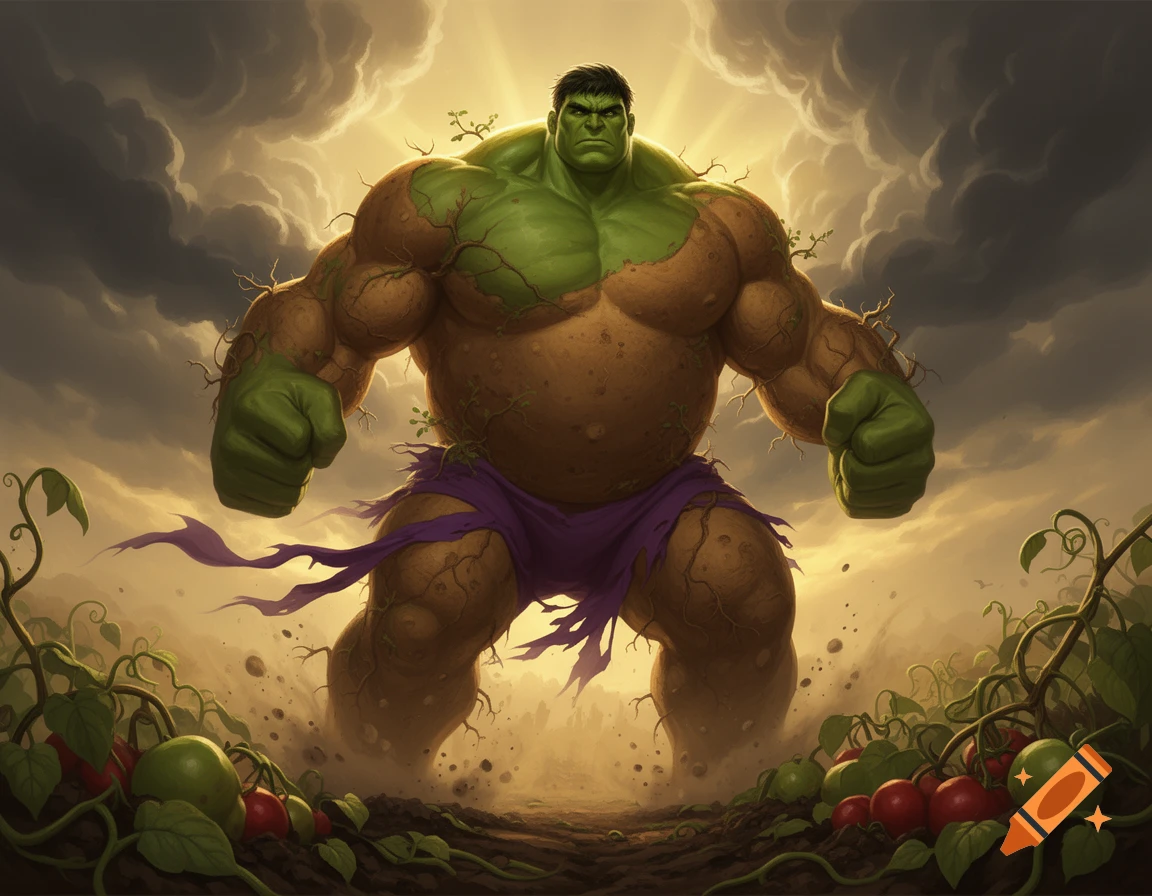 Digital illustration of the Hulk fused with a potato, standing heroically in a potato field under a dramatic cloudy sky.