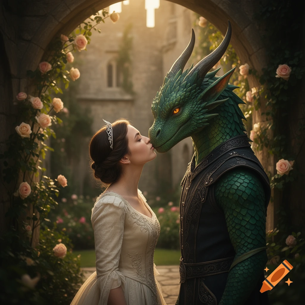 A princess in a white gown leans in to kiss a green dragon prince in a stone archway adorned with pink roses.