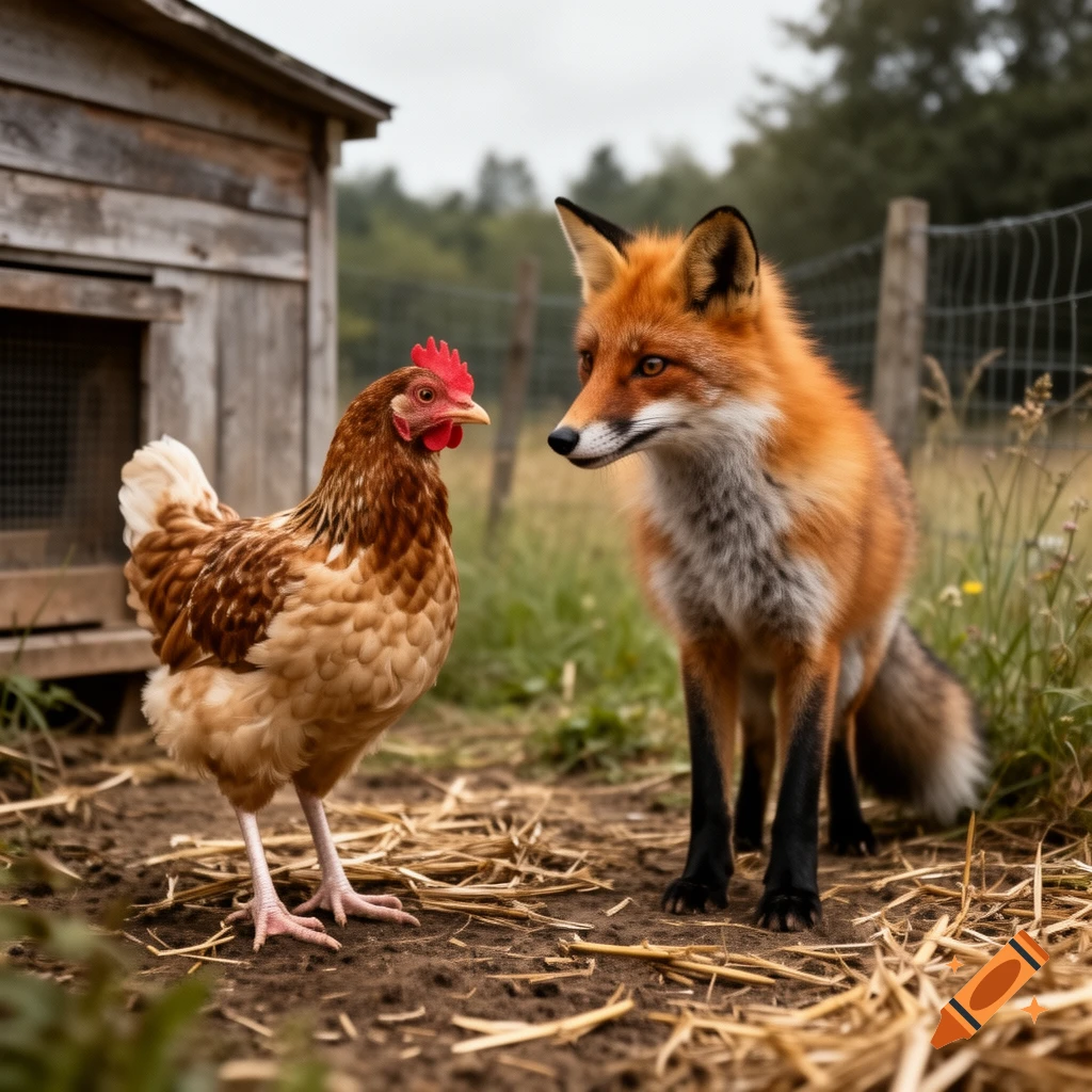 A photorealistic image of a red fox and a brown hen standing in a farmyard near a wooden coop.
