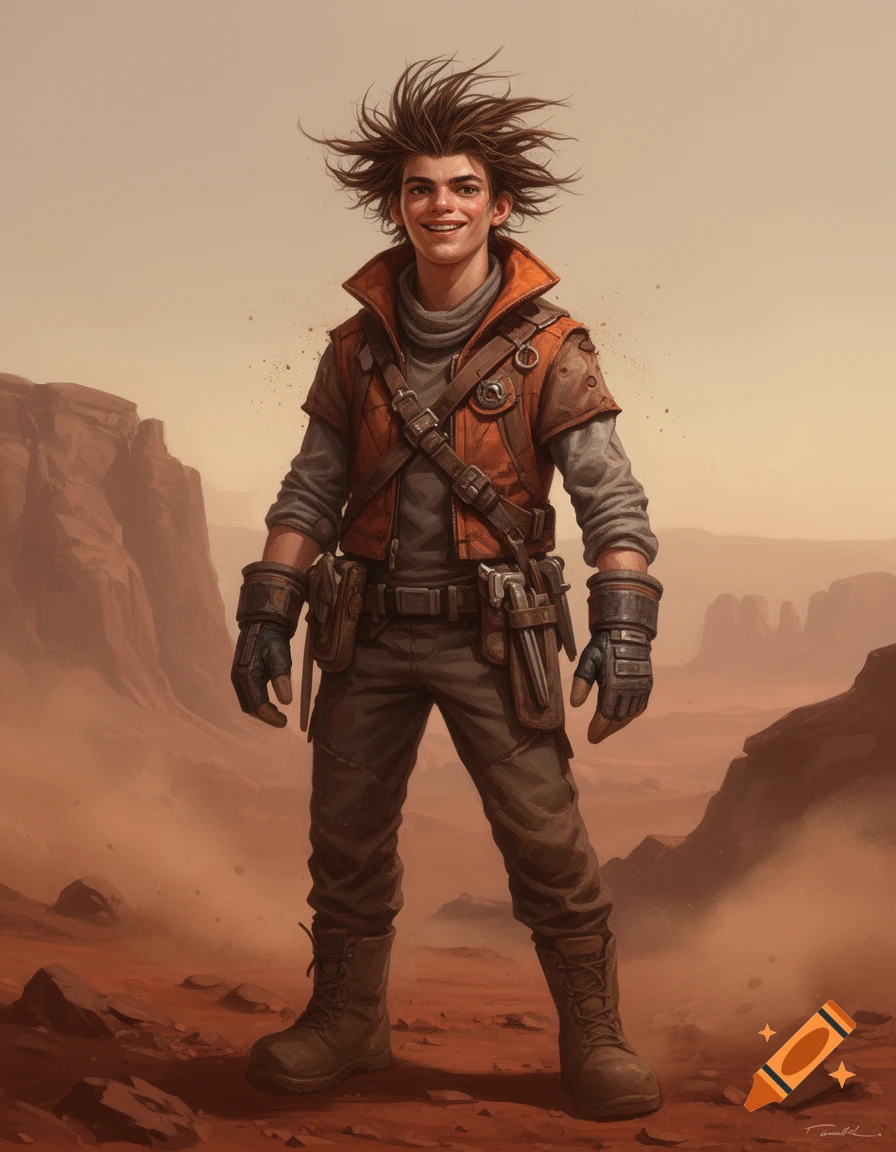 Digital concept art of a grinning young scavenger with spiky hair, layered orange vest, and boots standing in a Martian landscape.