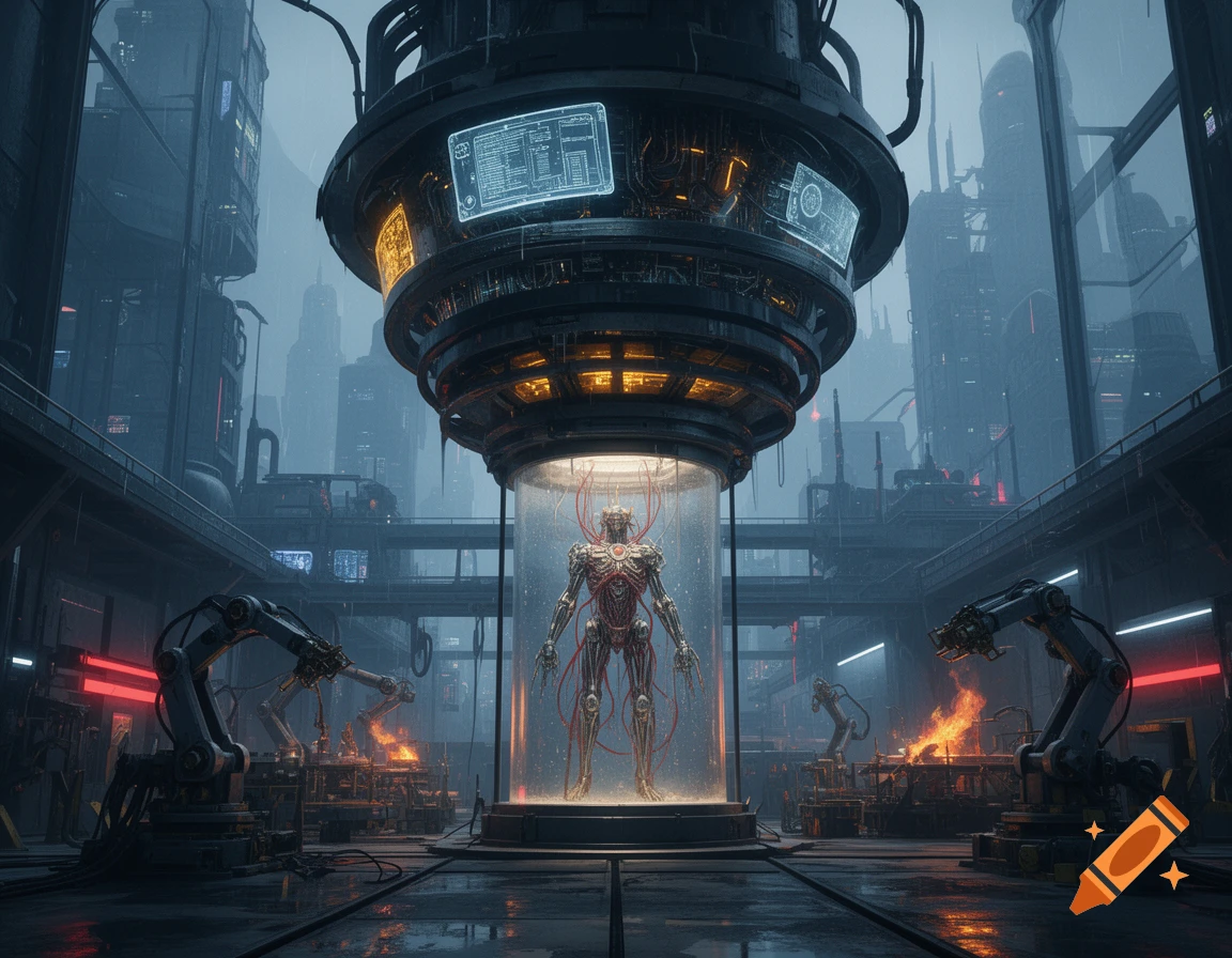 A dark cyberpunk laboratory featuring a robotic cyborg body suspended in a glowing glass cylinder beneath complex machinery.