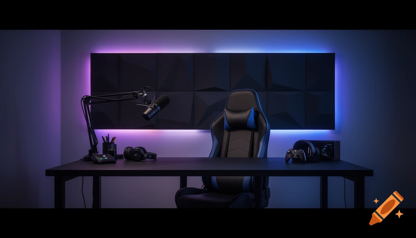 A sleek modern gaming setup with an ergonomic chair, microphone, headphones, and glowing ambient lighting on a dark wall.