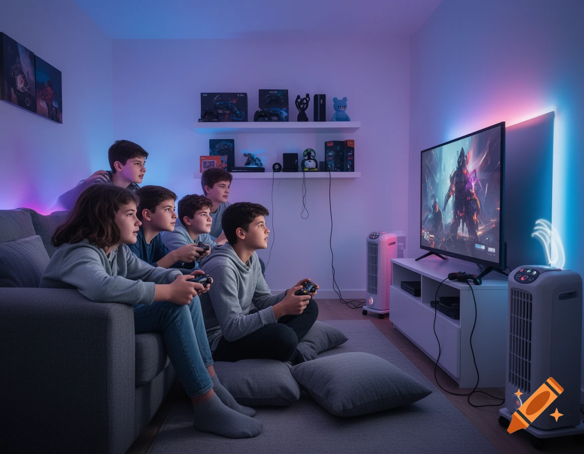 Several teenagers sitting on a sofa and floor in a living room, playing video games on a large TV screen with colorful LED lighting.