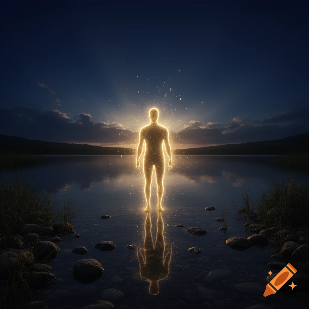 A glowing golden humanoid figure standing in a calm lake at dusk with mountains in the background.