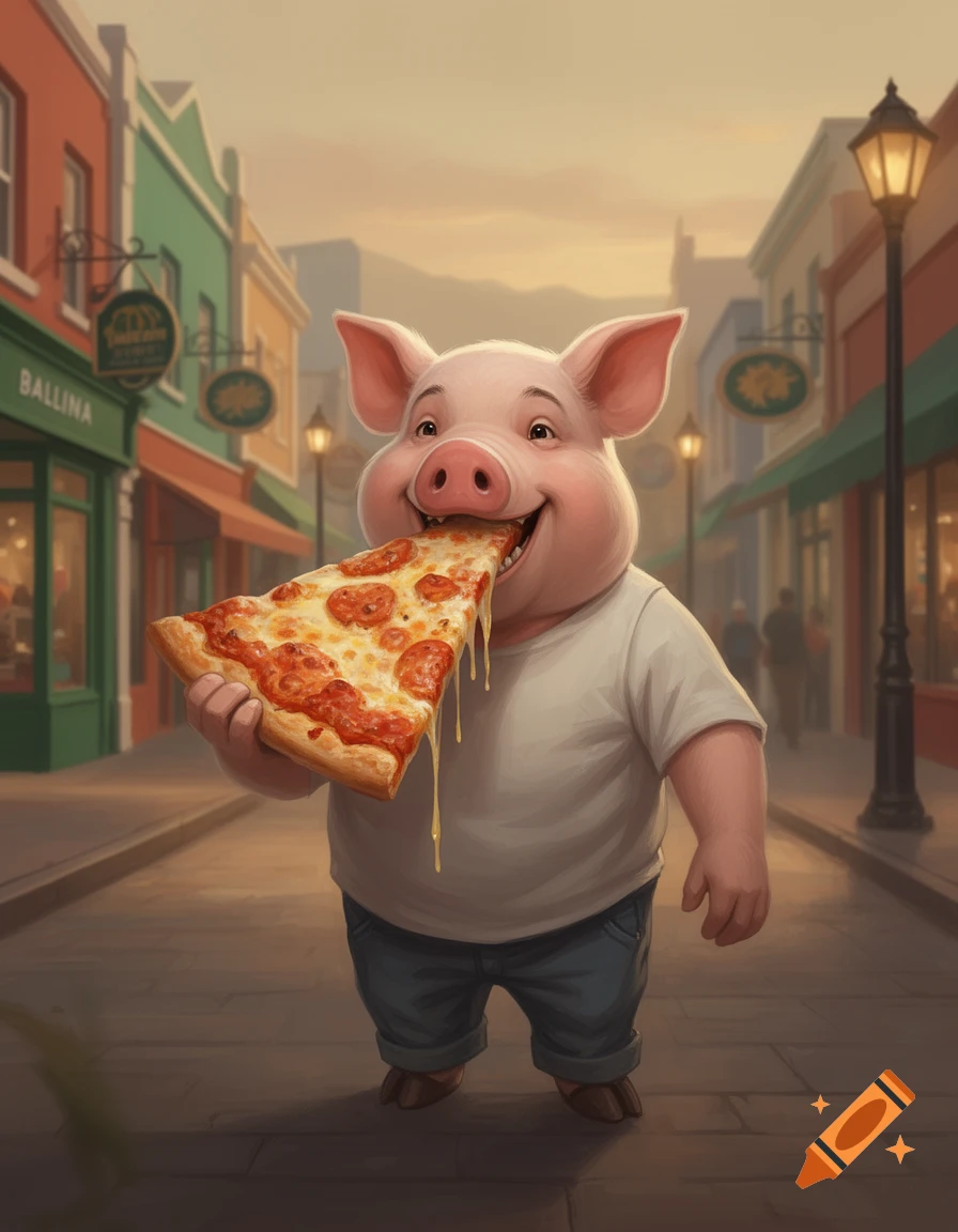 An anthropomorphic pig wearing a t-shirt and jeans stands on a town street eating a large slice of pizza, digital illustration.