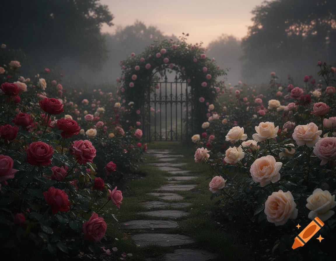 A misty, romantic rose garden at dusk with a stone pathway leading to a wrought iron archway covered in blooming roses.