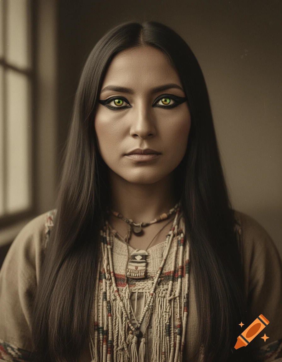 Photorealistic portrait of a Native American woman with long dark hair, intense green and yellow eyes, and black eyeliner.