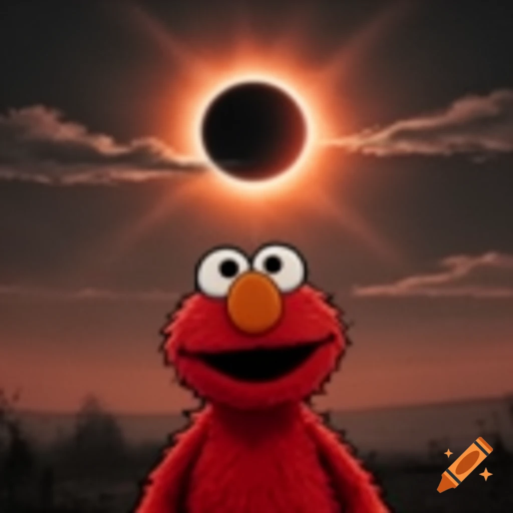 Elmo from Sesame Street standing against a dark background with a solar eclipse in the sky.