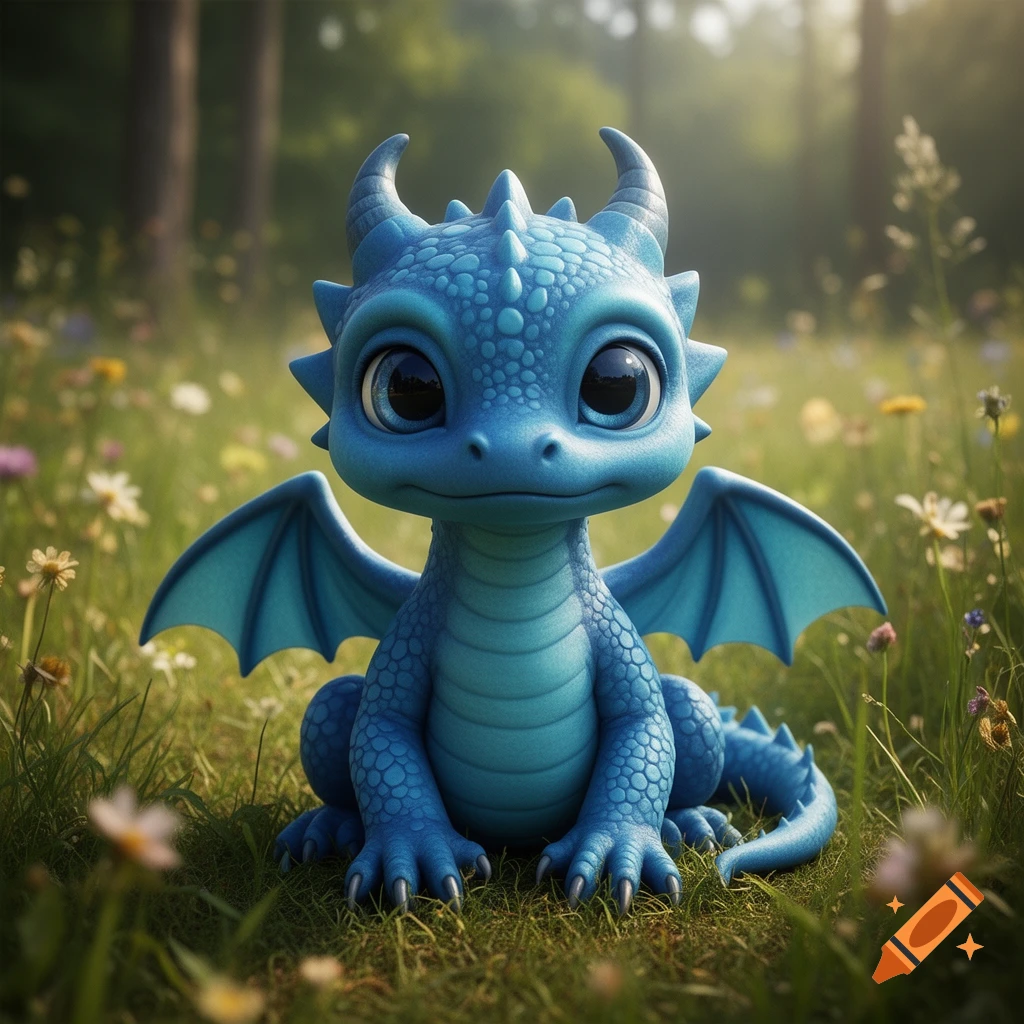 A cute blue baby dragon with large dark eyes and small wings sitting in a grassy meadow with wildflowers.