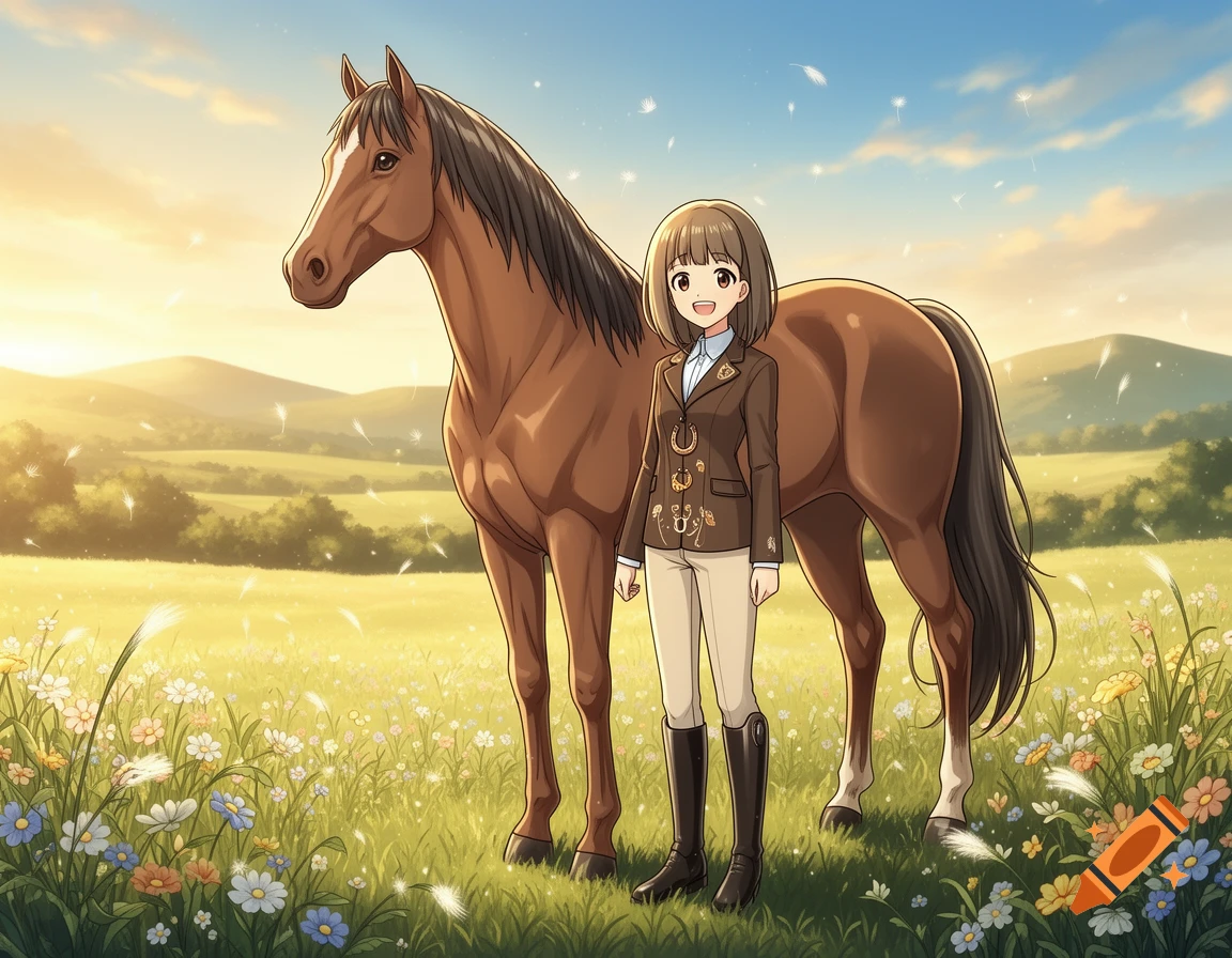 Anime style illustration of a young girl standing next to a brown horse in a sunny field of flowers.