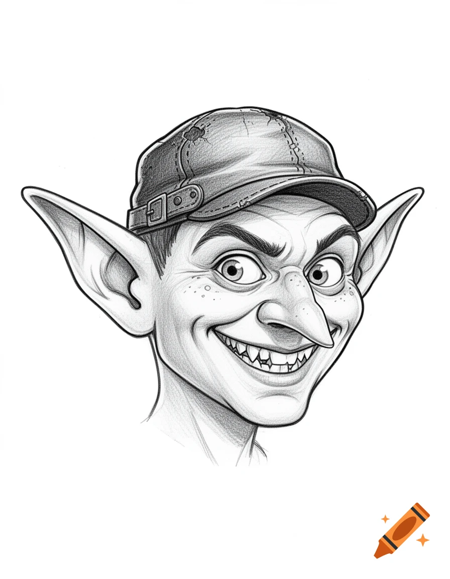 Hand-drawn pencil sketch of a mischievous goblin head with large pointed ears, a crooked nose, and a leather cap on a white background.