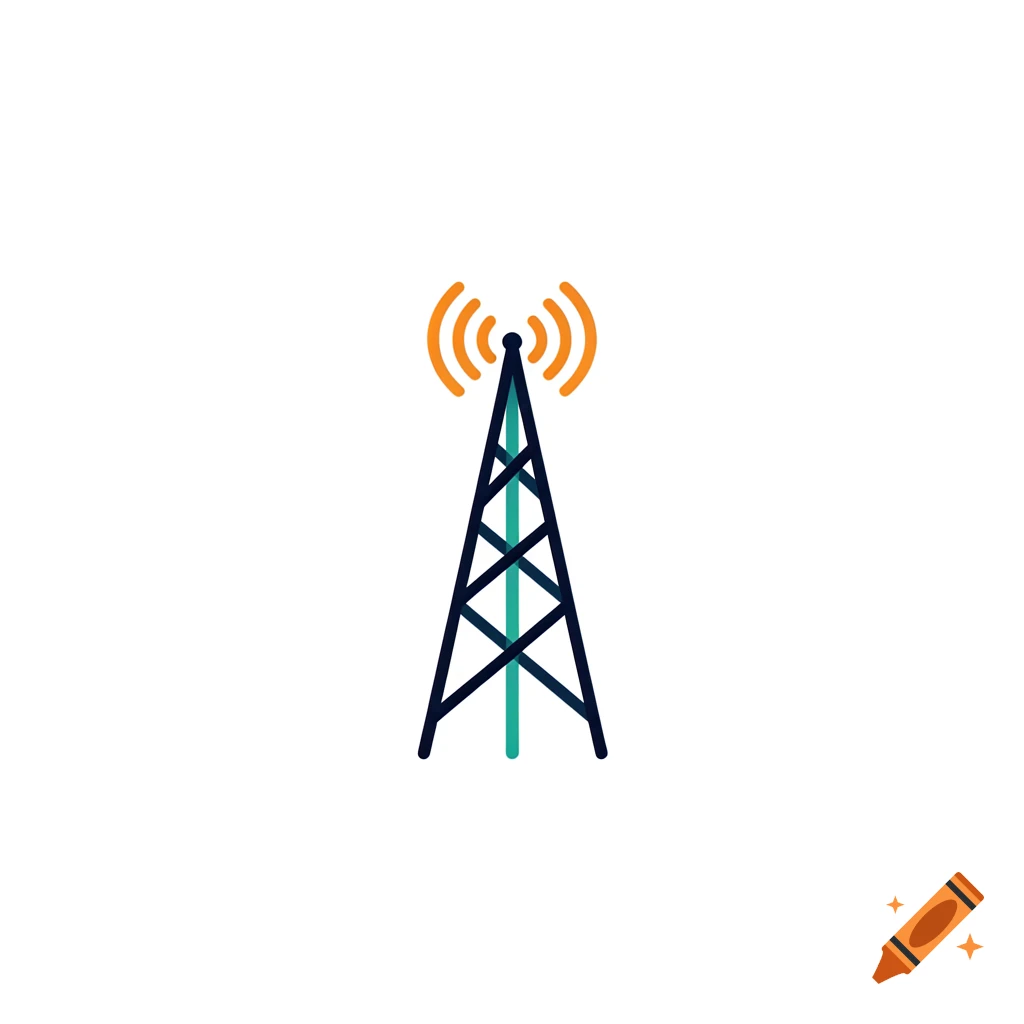 minimalist vector icon of a radio communications tower with signal waves on a white background