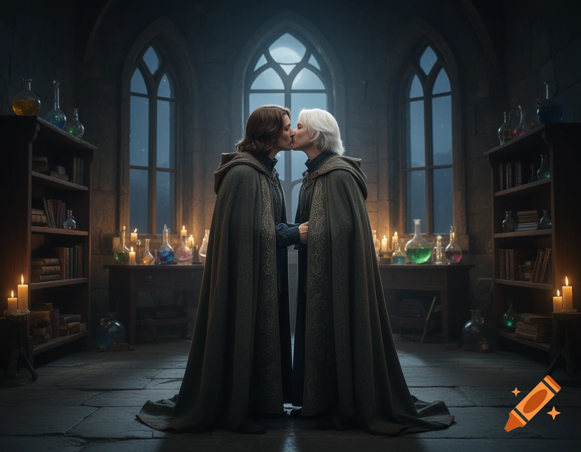 Two wizards in hooded cloaks kissing inside a stone castle room with bookshelves and glowing potion bottles.