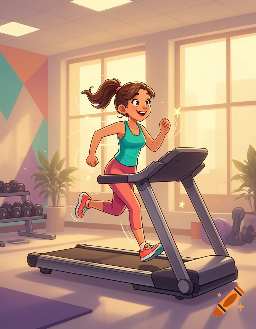 Cartoon illustration of a smiling woman running on a treadmill in a gym with weights and plants.